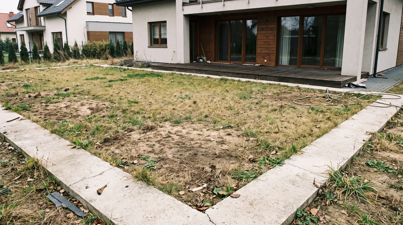 Curte neamenajată, cu gazon uscat și pete de pământ