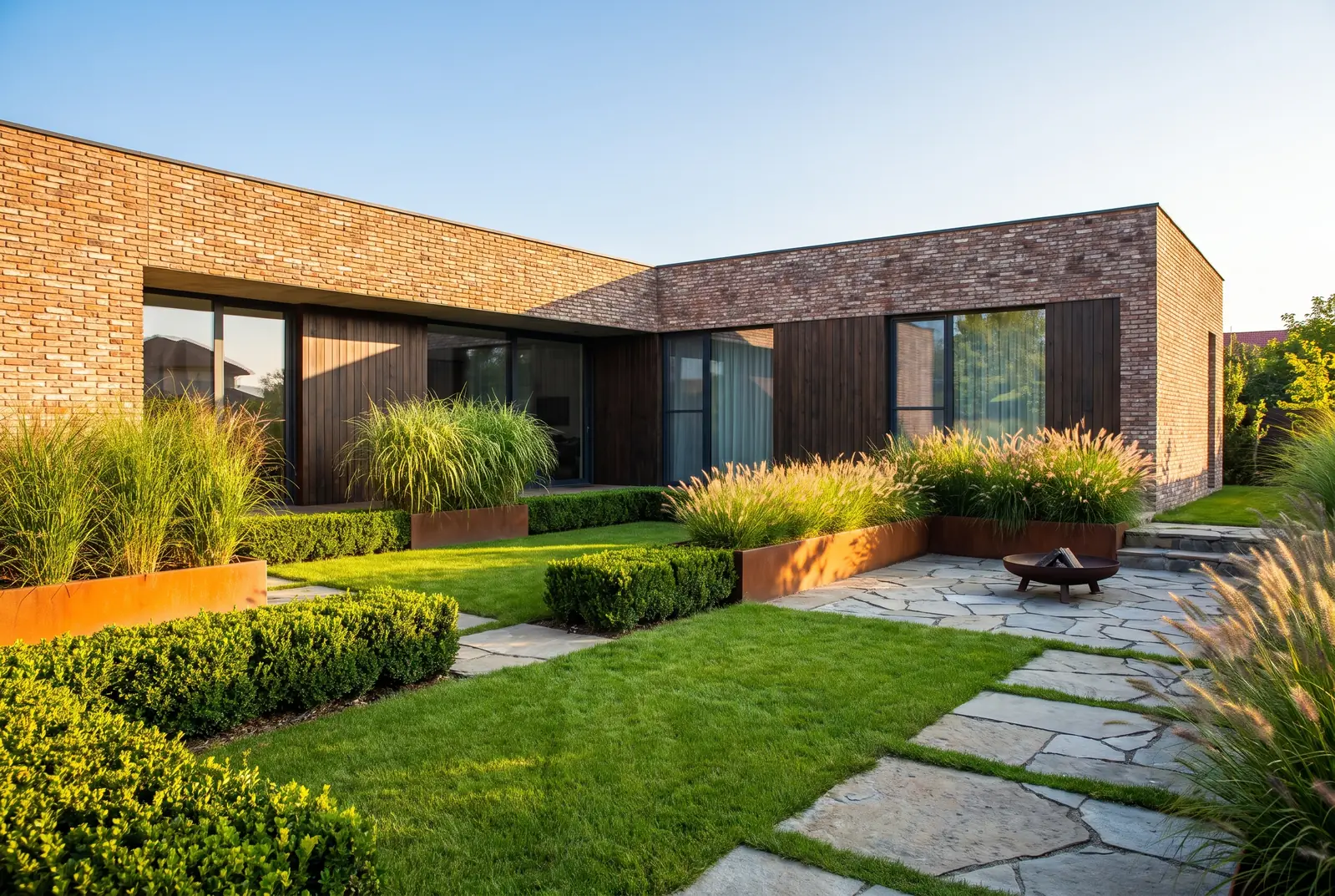 Grădină modernă minimalistă cu gazon geometric și jardiniere