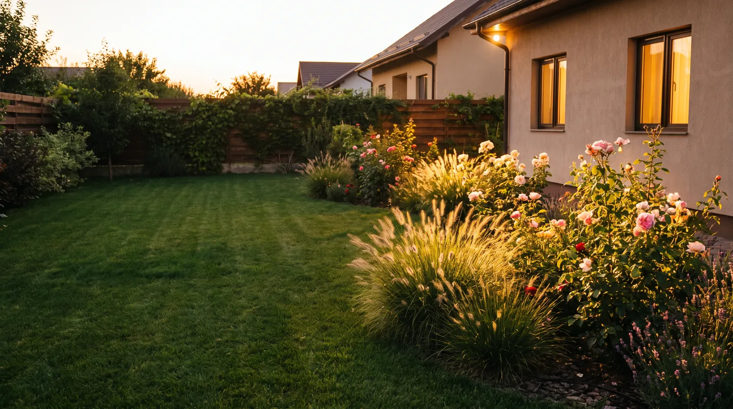Grădină amenajată la ora albastră, cu iluminat peisager