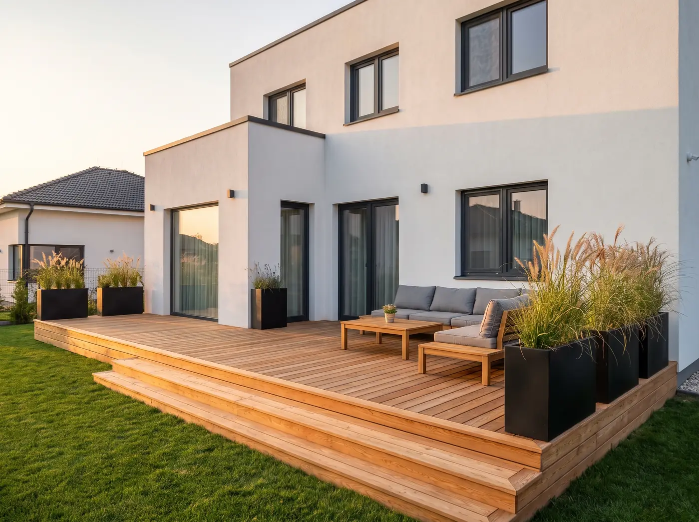 Terasă din lemn cu mobilier de exterior, lipită de o casă modernă