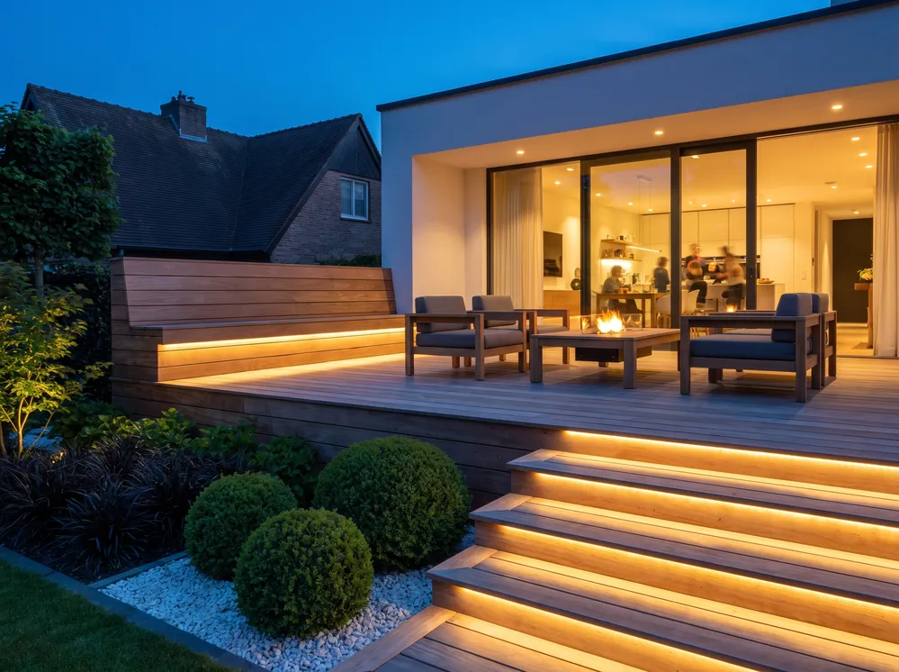 Deck din lemn iluminat seara, cu benzi LED sub trepte