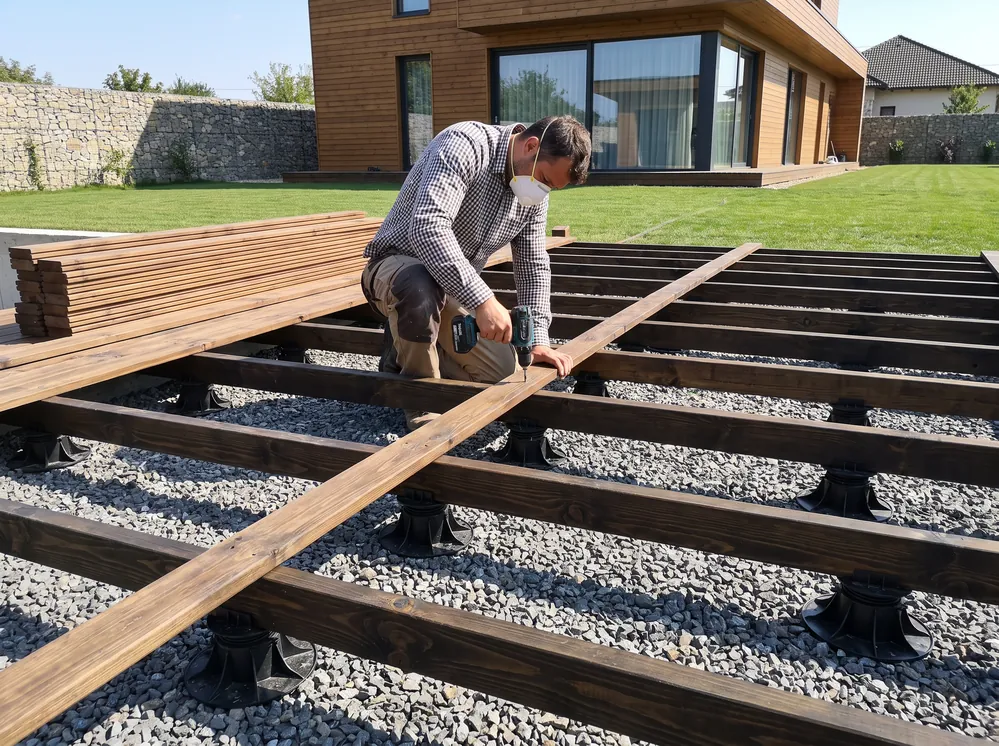 Structura unui deck în construcție: grinzi tratate pe ploturi reglabile