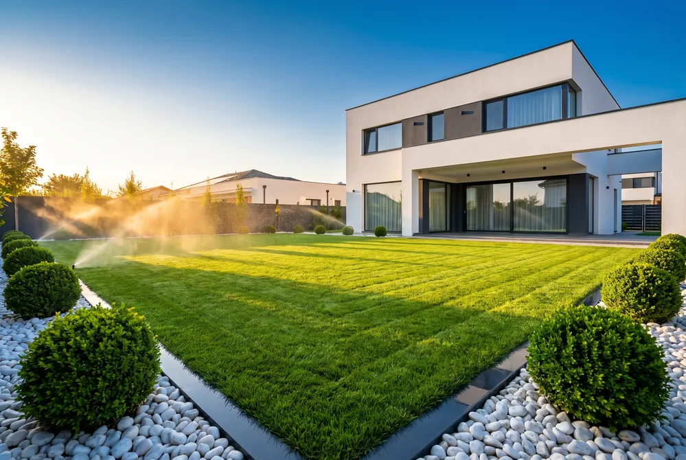 Peluză finită de gazon rulou cu aspersor, într-o curte modernă