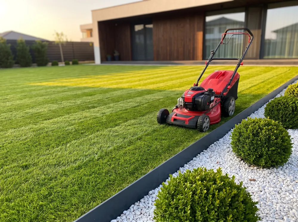 Gazon proaspăt tuns cu dungi, într-o grădină modernă cu borduri metalice