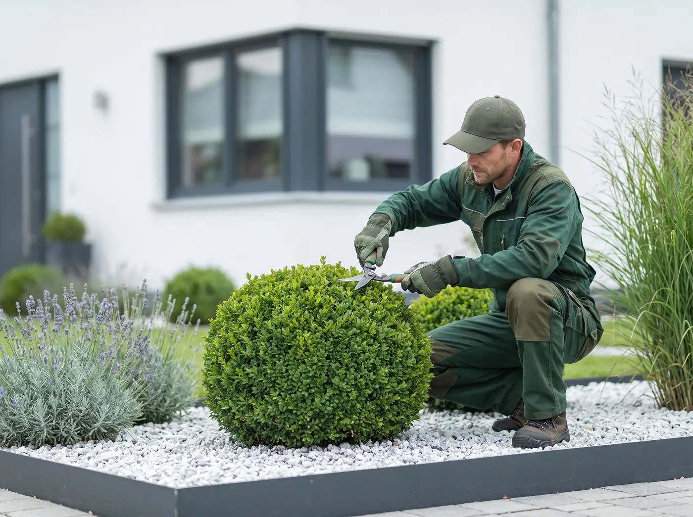 Grădinar care tunde o bilă de buxus într-o grădină modernă cu pietriș alb