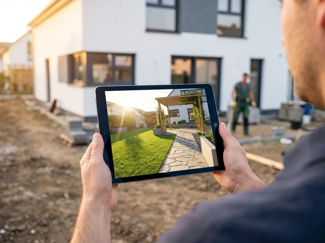 Peisagist ținând o tabletă cu vizualizarea 3D a grădinii, în curtea încă neamenajată